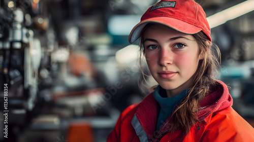 
A delicate expression graces the face of a young woman in a bustling factory setting, her red jacket and cap adding a vibrant pop of color amid the industrial backdrop.