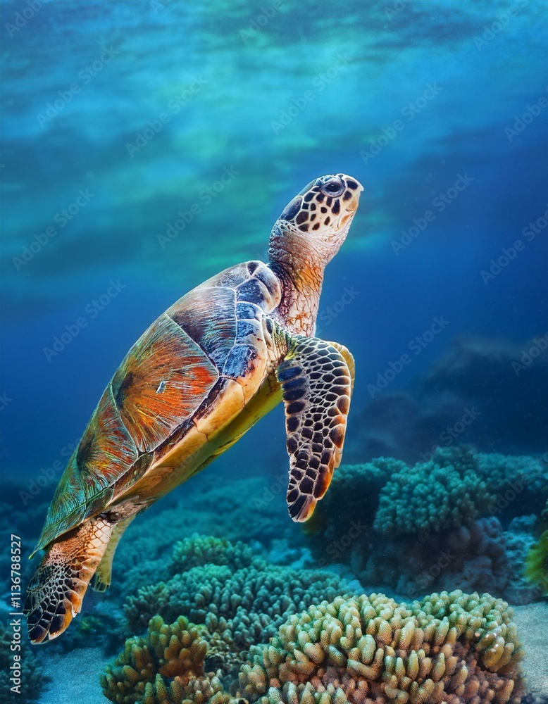 Obraz premium Sea turtle swims under water on the background of coral reefs