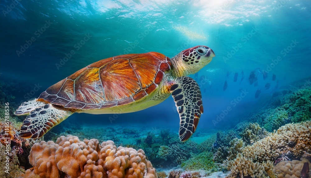 Obraz premium Sea turtle swims under water on the background of coral reefs