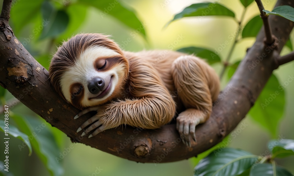 Obraz premium Adorable Sloth Napping Peacefully on a Lush Green Tree Branch