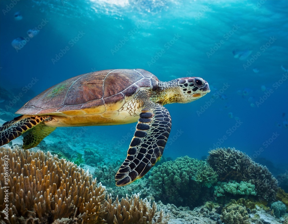 Obraz premium Sea turtle swims under water on the background of coral reefs