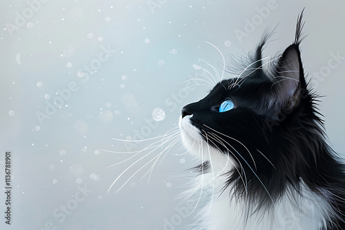 pet portraits, close-up of a norwegian forest cat with piercing blue eyes, serenely gazing against a soft snowy backdrop