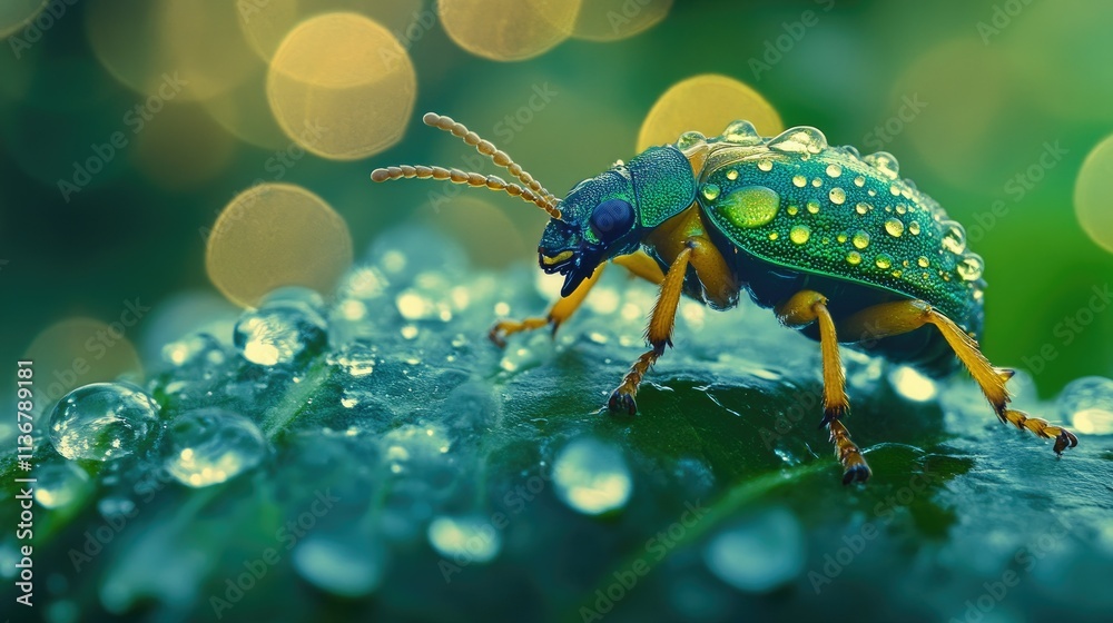 Fototapeta premium Green beetle covered in dew on leaf.