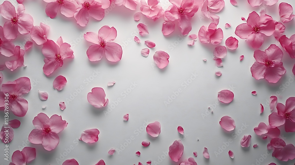 Delicate Pink Blossoms and Petals Scattered on White Delicate Pink Blossoms and Petals Scattered on White