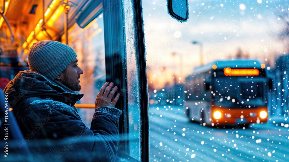 Man in warm winter clothing looking through a frosted bus window during snowfall at sunrise