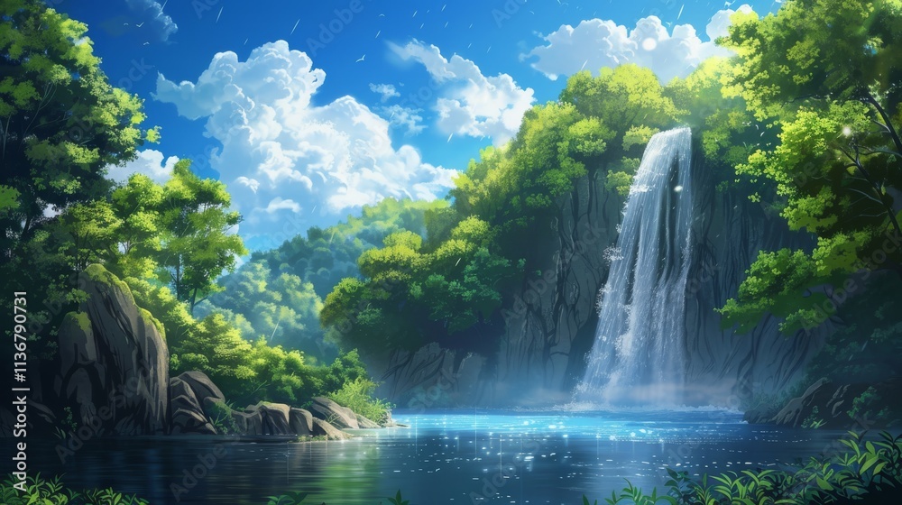 Serene Waterfall in a Lush Green Forest Landscape with a Clear Blue Sky Serene Waterfall in a Lush Green Forest Landscape with a Clear Blue Sky