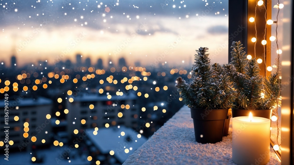 Snow-covered balcony with lit candle and small Christmas trees overlooking a city at night
