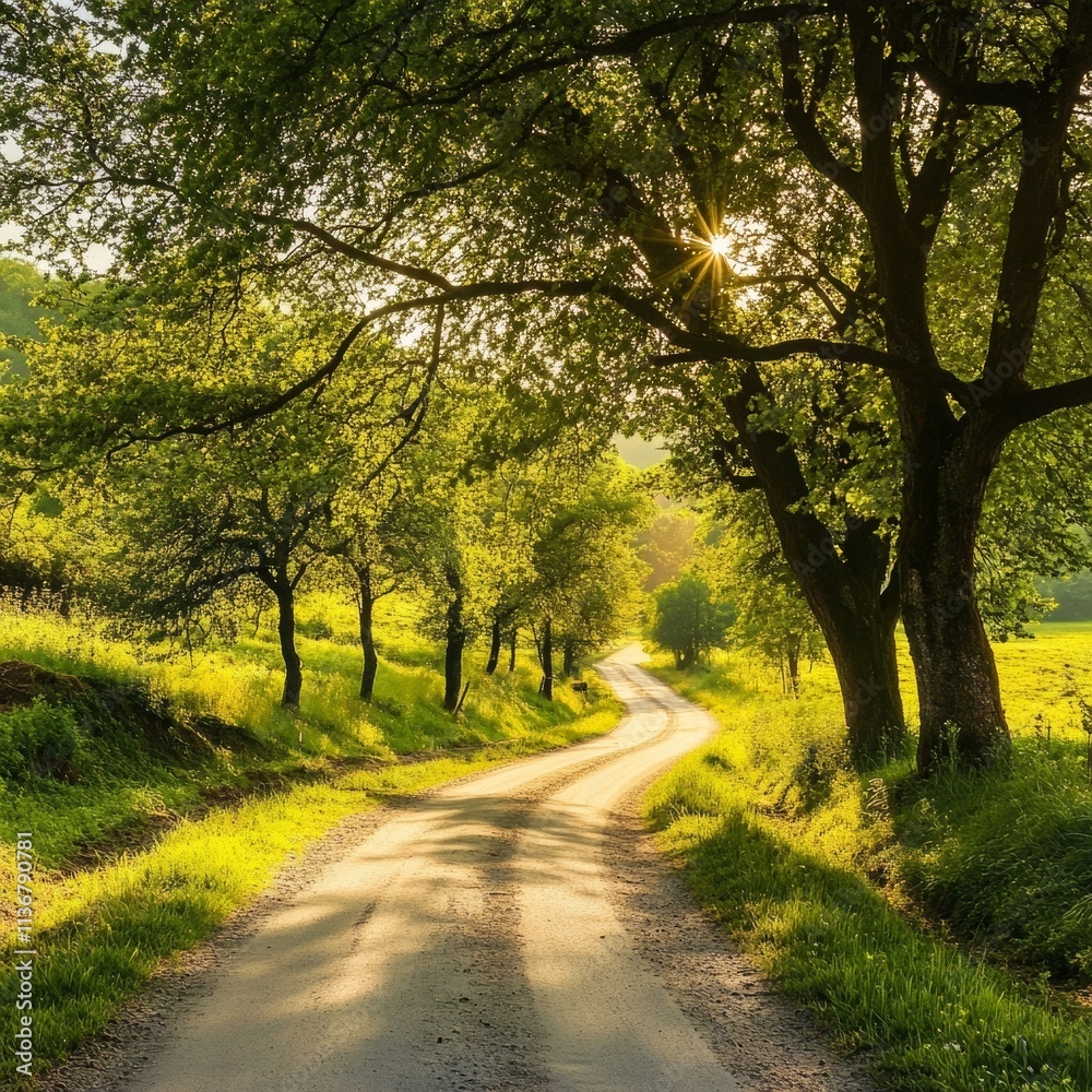 Fototapeta premium Forest path with trees and meadow