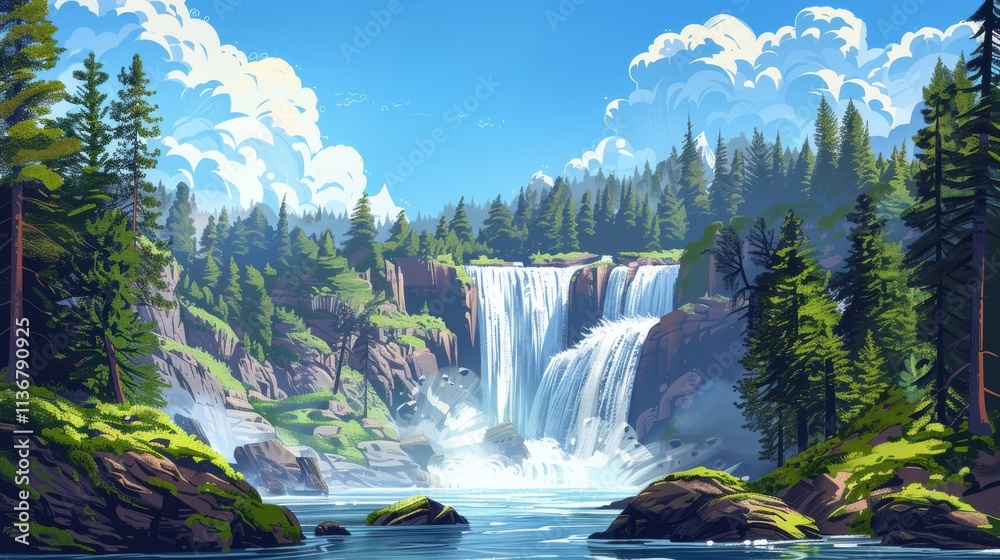 Fototapeta premium Majestic Waterfall Cascading Through Lush Green Forest