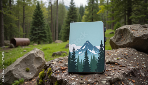 Mountain-themed notebook on a rock in a forest setting surrounded by trees photo