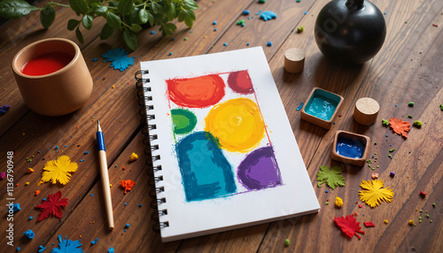 Colorful artwork in a sketchbook surrounded by paint supplies on a wooden table photo