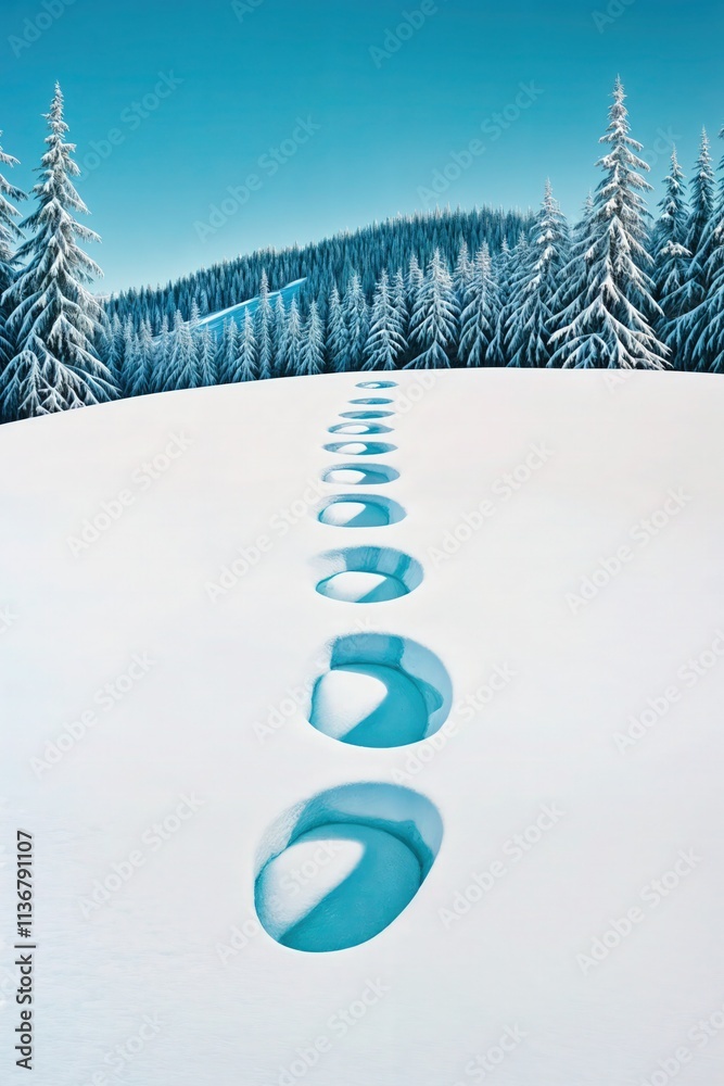 Snow-covered landscape with deep footprints leading into a forest of frosted evergreen trees