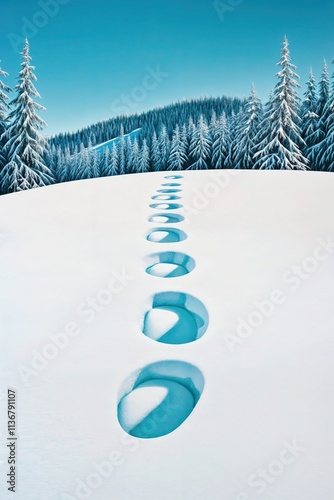 Obraz na płótnie Snow-covered landscape with deep footprints leading into a forest of frosted evergreen trees
w salonie