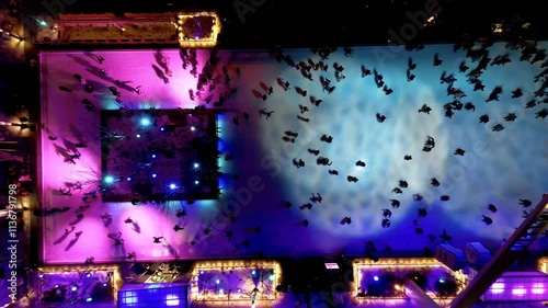 Montreal city skating rink at night illuminated for Christmas, Quebec, Canada.