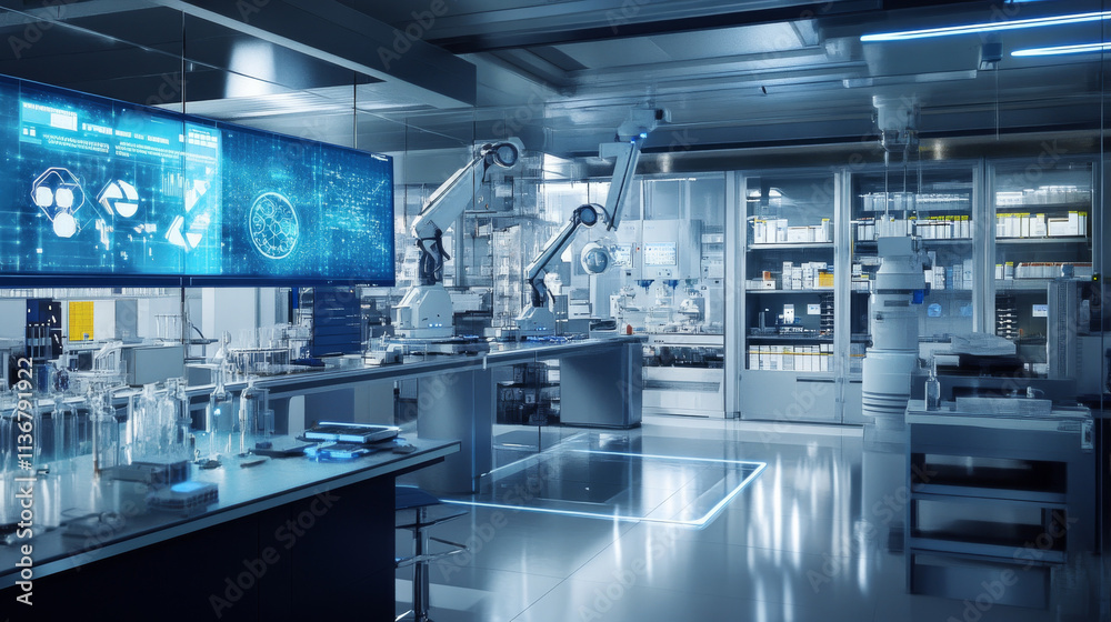 Robotic arms and holographic interfaces interact seamlessly in a sleek laboratory environment.