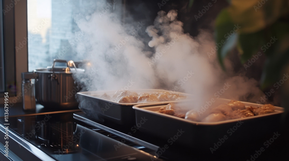 Steam rises from freshly prepared meals, adding warmth and life to the culinary presentation. Steam rises from freshly prepared meals, adding warmth and life to the culinary presentation.