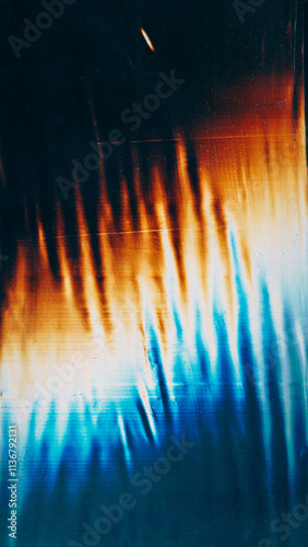 Aged foil texture. Old film overlay. Light flare. Blue orange color glow wave dust scratch stripes defect wrinkled creased texture dark black illustration art abstract background.