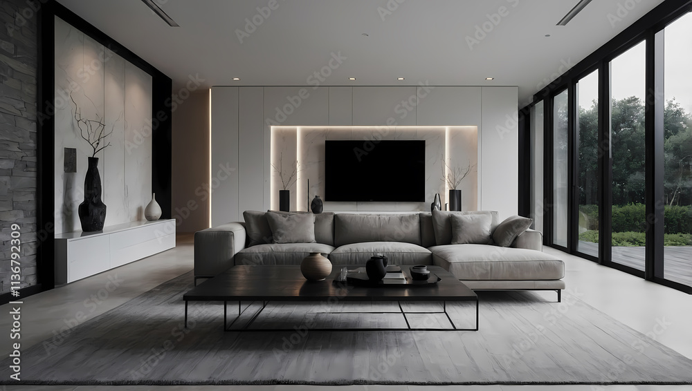 Fototapeta premium Modern living room featuring a light gray sofa, dark coffee table, and large windows with outdoor views.