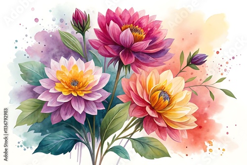 Anemone Flower Watercolor Floral design with green leaf
