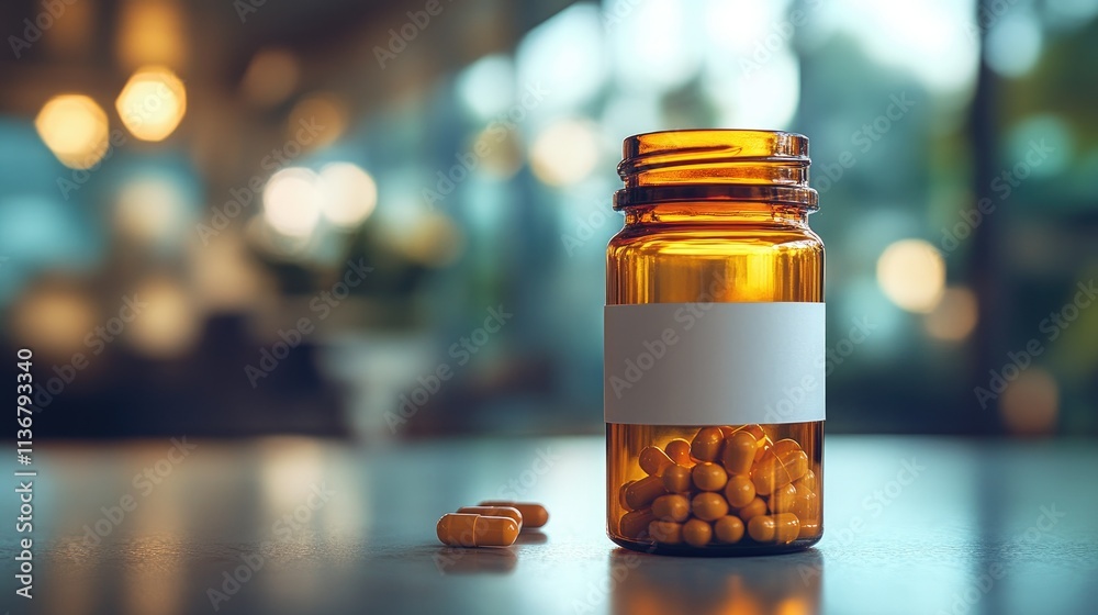 Amber pill bottle with orange capsules on table. Amber pill bottle with orange capsules on table.