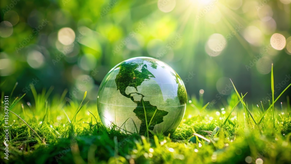 Glass Globe Earth in Green Grass Low Angle Composition, Green Bokeh Background, Environmental Concept Environment, Sustainability, Nature Glass Globe Earth in Green Grass Low Angle Composition, Green Bokeh Background, Environmental Concept Environment, Sustainability, Nature