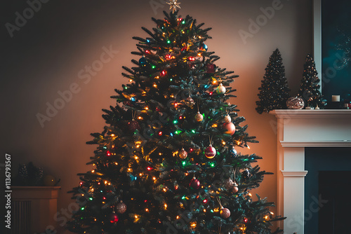 A Beautifully Decorated Christmas Tree with Multicolored Lights and Ornaments. photo