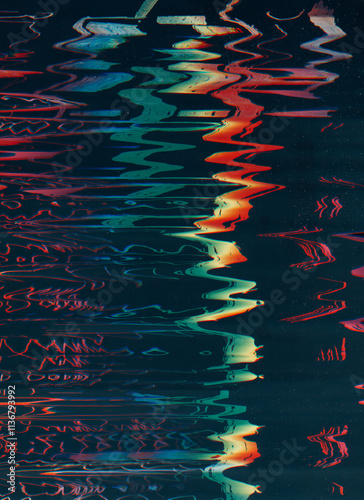 Glitch wave. Color noise overlay. Digital distortion. Rainbow stripes water surface reflect light effect electronic artifacts creative illustration art abstract background.