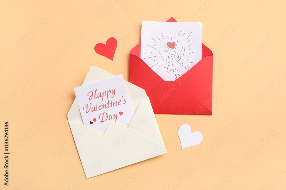 Envelopes with gift cards and paper hearts on beige background. Valentine's day celebration Envelopes with gift cards and paper hearts on beige background. Valentine's day celebration