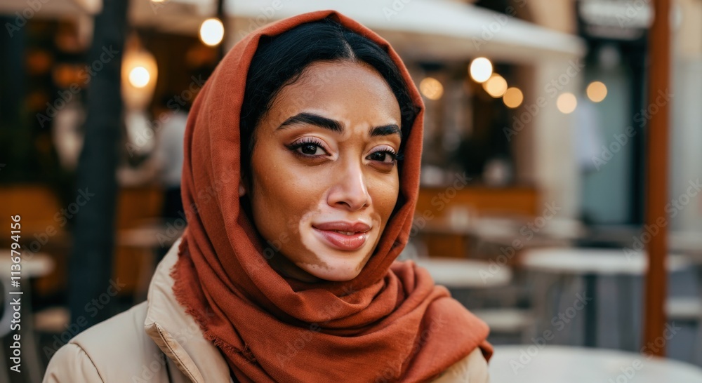 Confident middle eastern young adult female in urban cafe setting with warm lighting Confident middle eastern young adult female in urban cafe setting with warm lighting