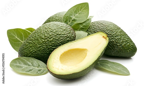 Ripe Avocados with Green Leaves Isolated on White