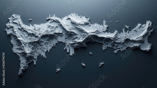 Abstract 3D rendering of a mountainous island landscape.  The grayscale palette creates a dramatic, minimalist aesthetic.