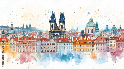 Charming Watercolor of a Czech Cityscape with Quaint Houses