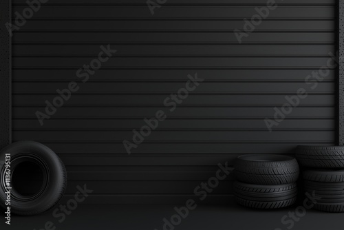 Car tire black banner background. Tires for sale in modern shop photo