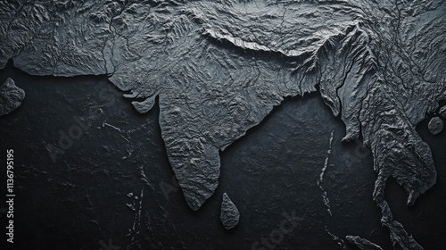 A dramatic, textured rendering of the Indian subcontinent, showcasing its mountainous terrain and coastal features in shades of dark gray. The image evokes a sense of power and mystery.