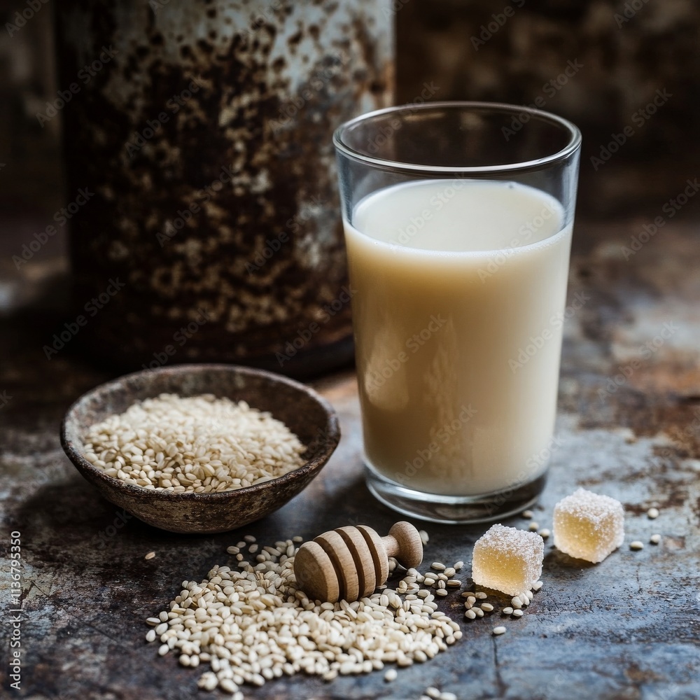 Homemade rice milk with brown rice and sweeteners on metal. Homemade rice milk with brown rice and sweeteners on metal.