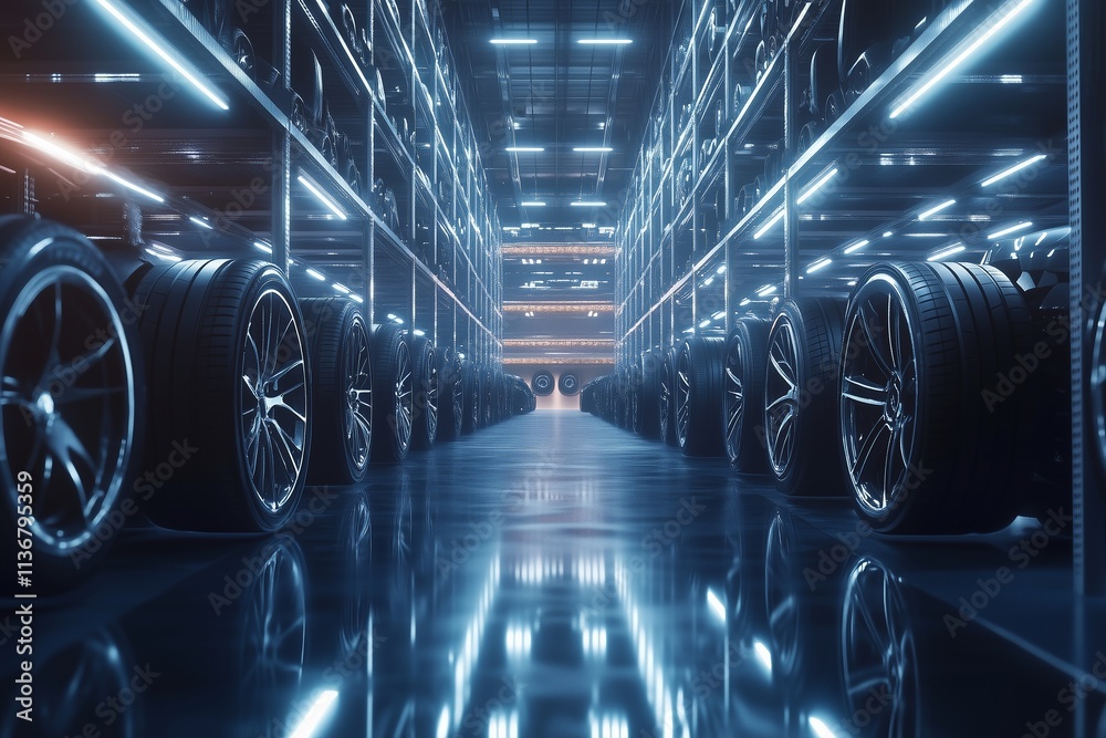 Fototapeta premium Car tires on rack in auto store 