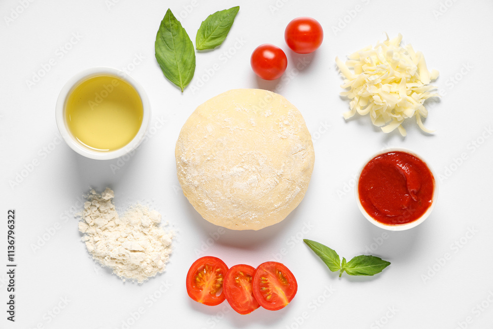 Raw dough and ingredients for preparing pizza on white background Raw dough and ingredients for preparing pizza on white background
