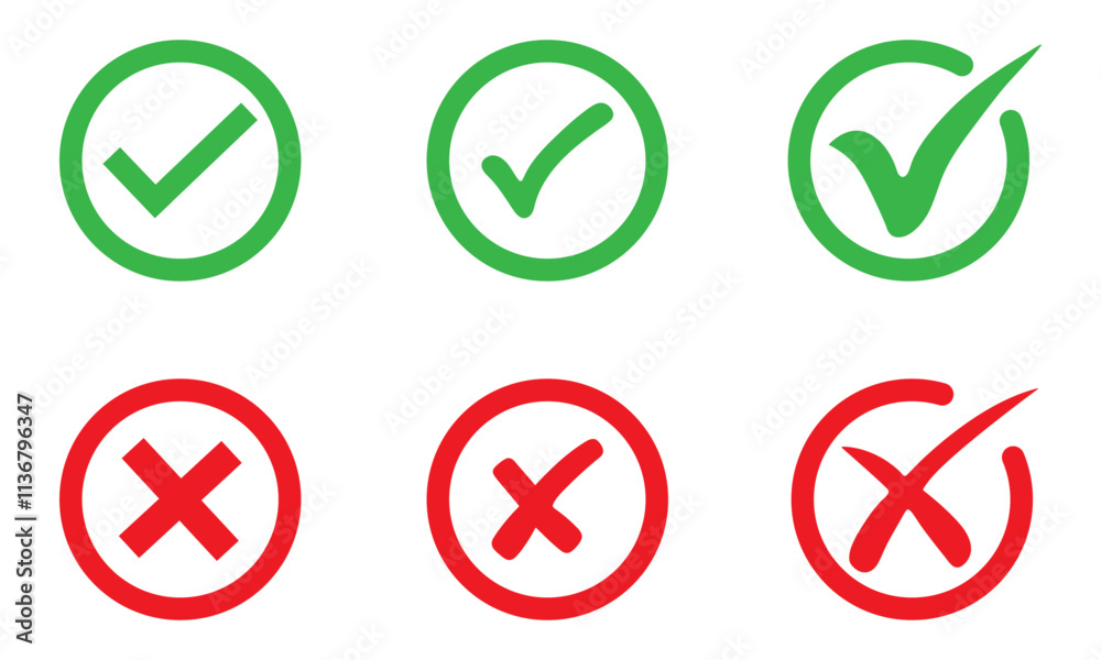 Green checkmark and red cross mark isolated set. Yes, no symbol vector. Right and wrong symbol. Accepted and rejected symbol vector. Approved and disapproved. Correct and false. Ok and not. Green checkmark and red cross mark isolated set. Yes, no symbol vector. Right and wrong symbol. Accepted and rejected symbol vector. Approved and disapproved. Correct and false. Ok and not.
