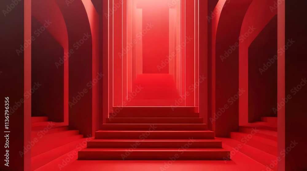 Red architectural hallway with stairs leading to light. Red architectural hallway with stairs leading to light.
