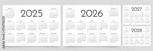 Calendars for 2025, 2026, 2027, 2028 years. Calender templates. Planner layout with 12 months. Desk planer grid. Week starts Sunday. Yearly diary in English. Vector illustration. Horizontal format, A4