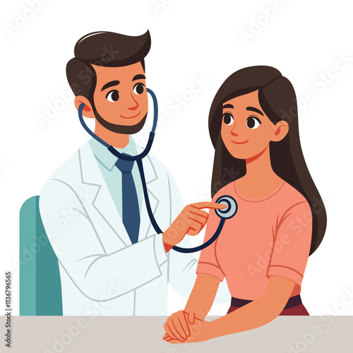 male doctor examines female patient with stethoscope. medicine vector illustration, vector cartoon style
