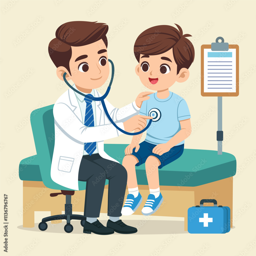 male doctor examining child patient with stethoscope. medicine vector cartoon illustration male doctor examining child patient with stethoscope. medicine vector cartoon illustration
