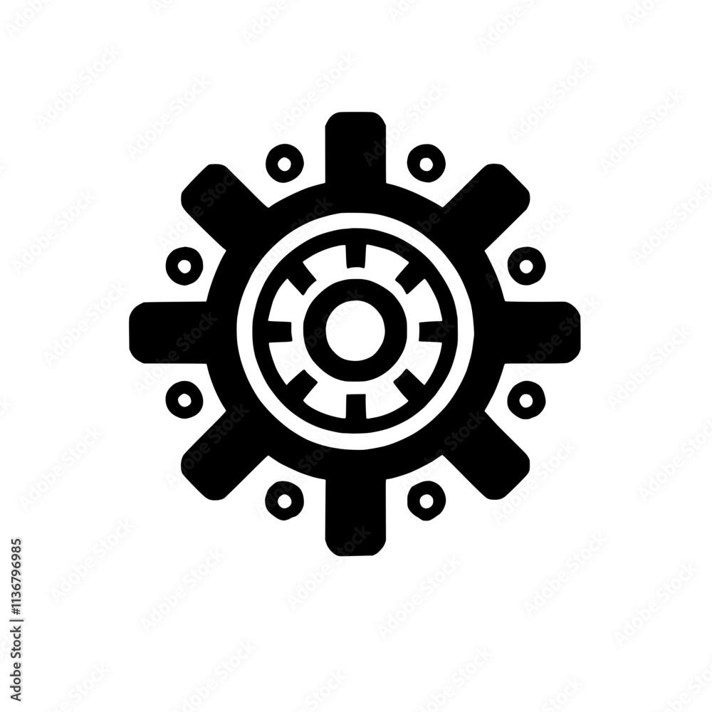 Abstract Gear Icon: An intricate black and white illustration of a gear with multiple layers and concentric circles.
