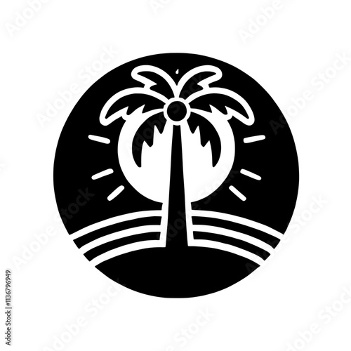 Palm Tree Silhouette: A simple yet evocative silhouette of a palm tree standing tall against a sun, symbolizing tropical vibes, vacation, and paradise.  