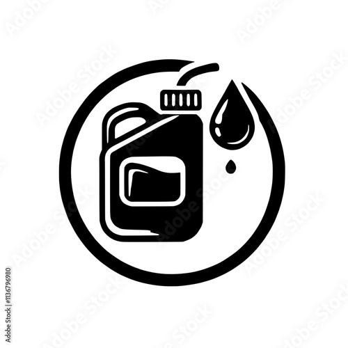 Oil Can Symbol:  A simple yet powerful symbol of fuel, energy, and power. The black and white design features a stylized oil can and a drop of oil, enclosed in a circular frame.