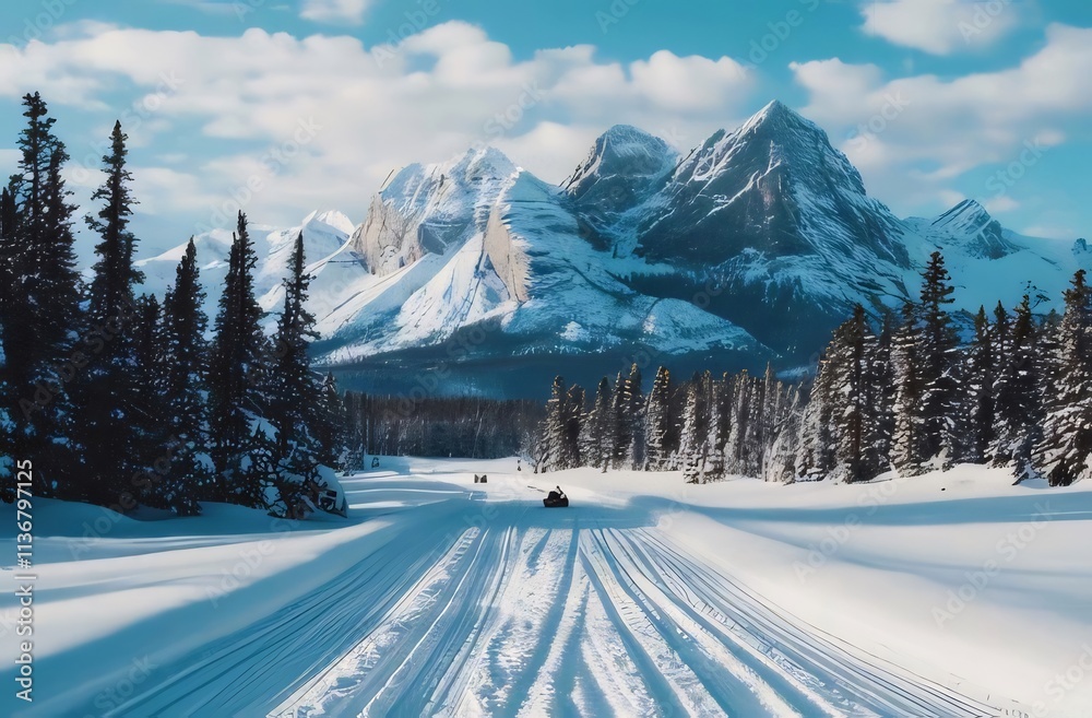 Snowy trail to mountains with evergreen forests. Snowy trail to mountains with evergreen forests.