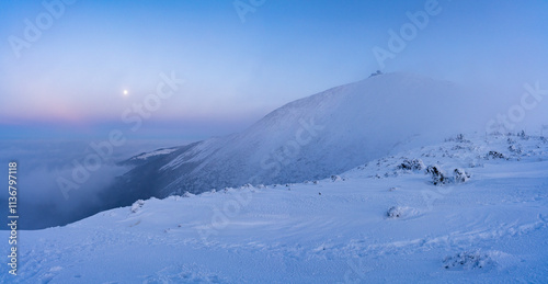 Obraz na płótnie view on Sniezka mountains in Karkonosze at winter dusk in Poland w salonie