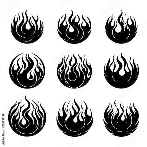 Fiery Circle: A captivating collection of nine distinct, black flame illustrations, each in a circle shape, perfect for branding, tattoo design, or graphic design projects.  