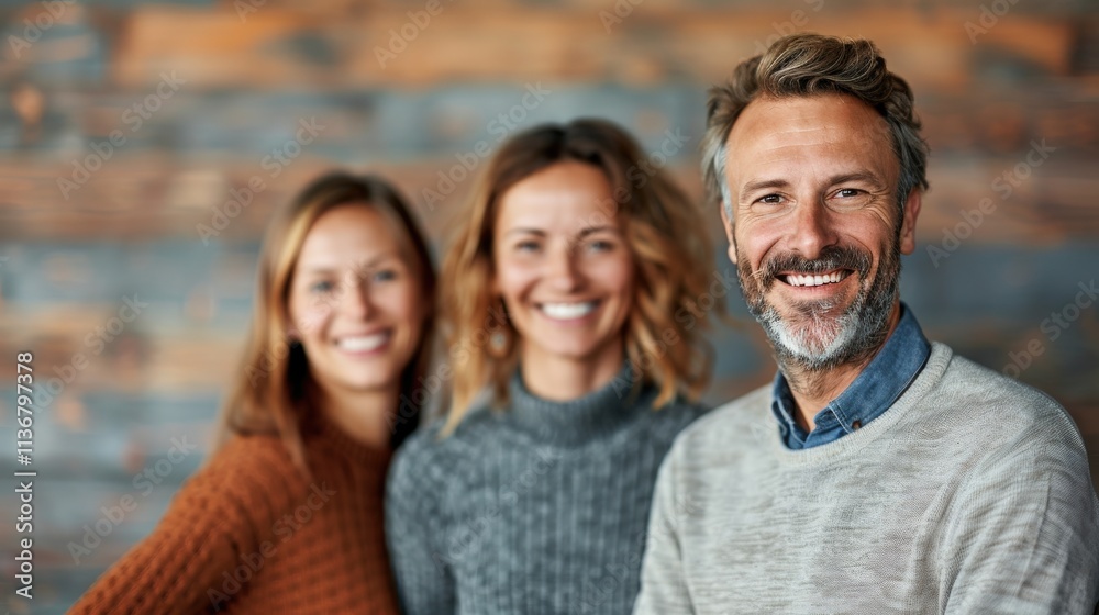Three smiling adults pose together in front of a rustic wooden backdrop, radiating joy and friendliness. Three smiling adults pose together in front of a rustic wooden backdrop, radiating joy and friendliness.