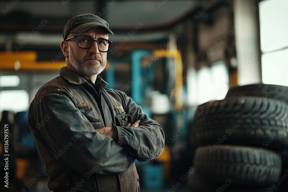 Mechanic holding tire with copy space for text repair service center, blurred background Mechanic holding tire with copy space for text repair service center, blurred background